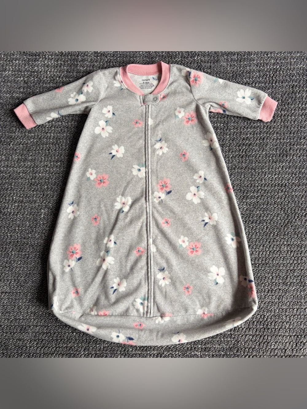 Carter’s Baby Girl 3-6M Sleep Sack Gray Floral Long Sleeve Fleece Zip Up Blanket